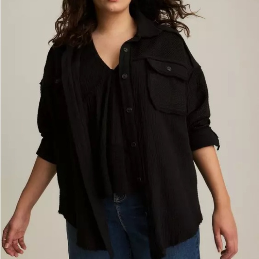 Torrid Festi Shacket - Black Waffle Knit and Gauze - Size 2